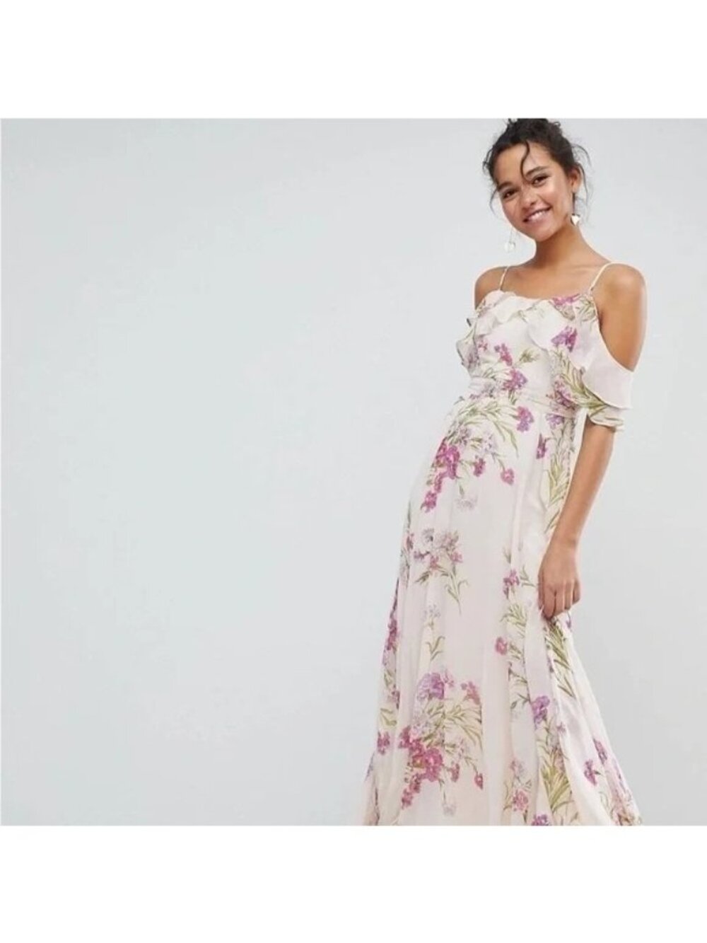 ASOS Women's Sz. 6 Light Pink Floral Cold Shoulder Maxi Chiffon Dress